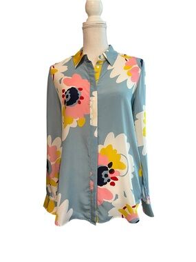 Boden Light Blue Silk Blouse With Pink, White and Yellow Florals Size 4